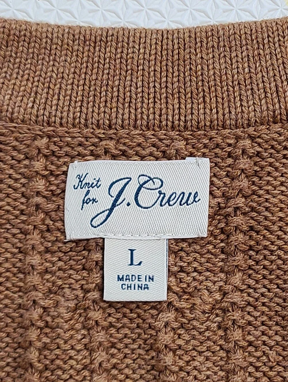 J Crew Men's Heritage Cotton Cardigan Sweater Vest Cable Knit Size L Camel Brown